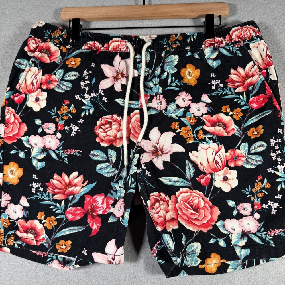 Forever 21 Men Black Floral Print Cotton Chino Shorts XL Drawstring 36 Waist